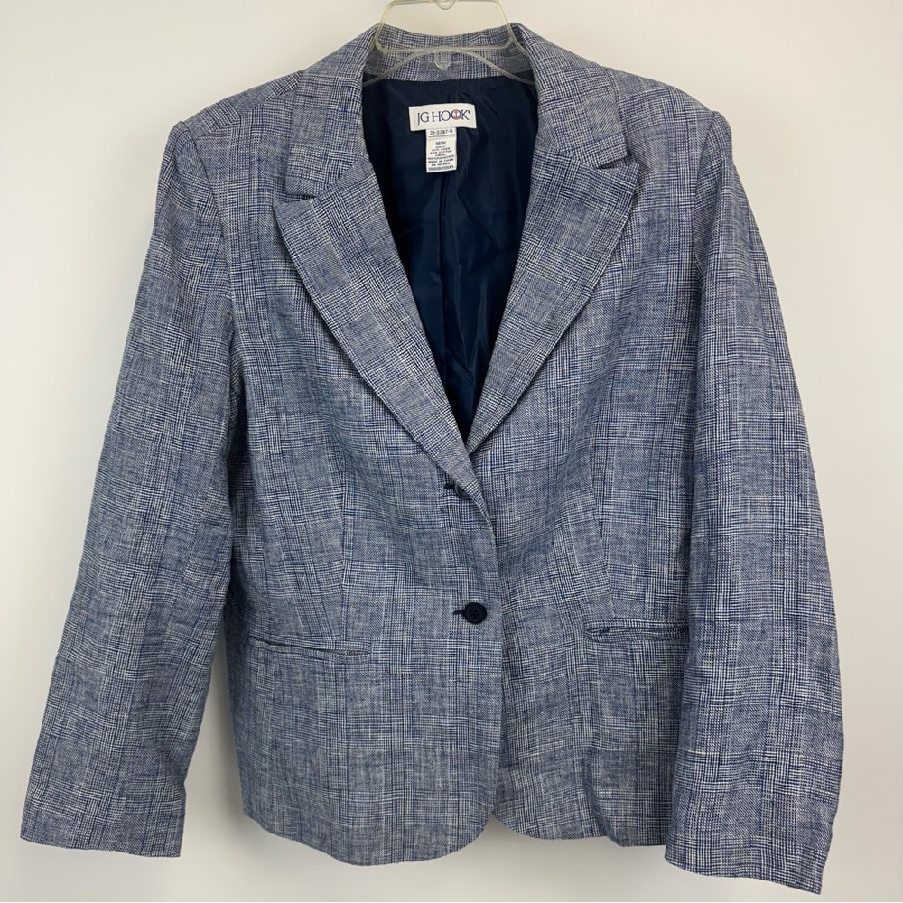 JG Hook Navy Plaid Linen Blend Lined Women's Blazer Size 18W